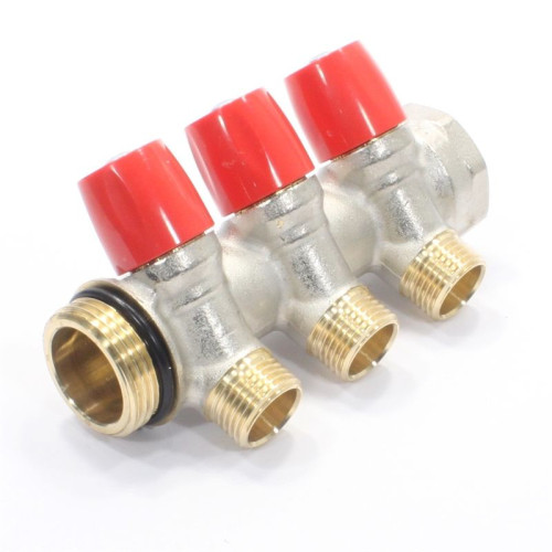 Коллектор General Fittings 6200 1"х1/2", 3вых., c клапанами, латунь никелир., красный