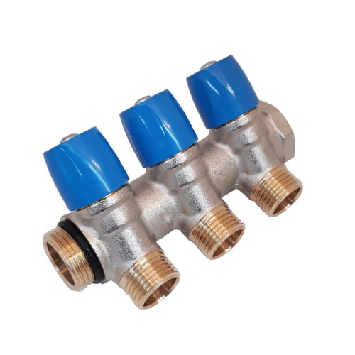 Коллектор General Fittings 6200 1"х1/2", 3вых., c клапанами, латунь никелир., синий