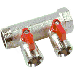 Коллектор Henco VB06 1"х3/4", 2вых., c шаровыми кранами, латунь