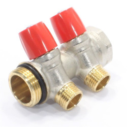 Коллектор General Fittings 6200 1"х1/2", 2вых., c клапанами, латунь никелир., красный