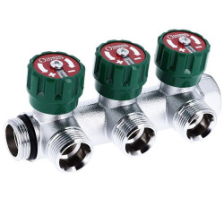 Коллектор General Fittings FLEXUS 90 1"х3/4", 3вых., c клапанами, латунь хромированная, зеленый