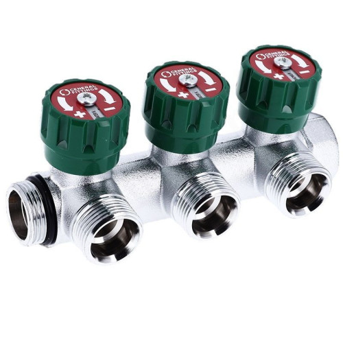 Коллектор General Fittings FLEXUS 90 1"х3/4", 3вых., c клапанами, латунь хромированная, зеленый