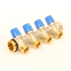 Коллектор General Fittings 6300 1"х3/4", 4вых., c клапанами, латунь никелир., синий