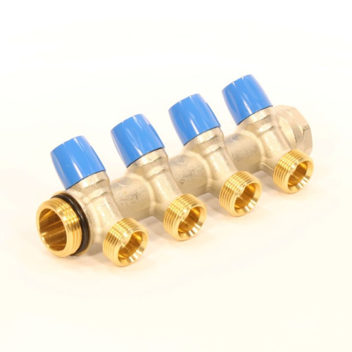 Коллектор General Fittings 6300 1"х3/4", 4вых., c клапанами, латунь никелир., синий