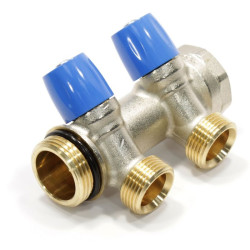 Коллектор General Fittings 6300 1"х3/4", 2вых., c клапанами, латунь никелир., синий