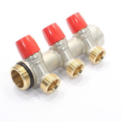 Коллектор General Fittings 6300 1"х3/4", 3вых., c клапанами, латунь никелир., красный