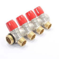 Коллектор General Fittings 6200 3/4"х1/2", 4вых., c клапанами, латунь никелир., красный