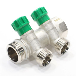 Коллектор TIM 1"х3/4", 2вых., c вентилями, латунь никелир.