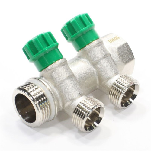 Коллектор TIM 1"х3/4", 2вых., c вентилями, латунь никелир.