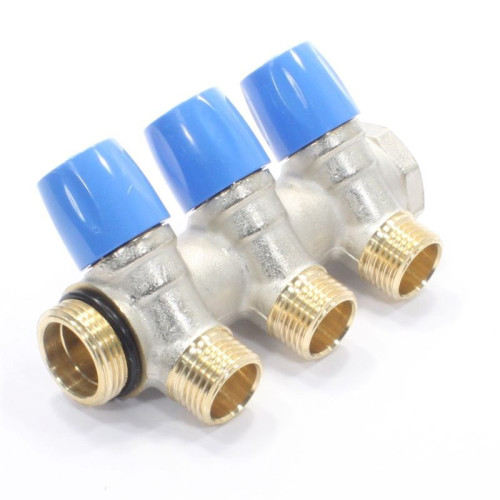 Коллектор General Fittings 6200 3/4"х1/2", 3вых., c клапанами, латунь никелир., синий