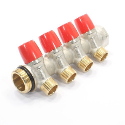 Коллектор General Fittings 6200 1"х1/2", 4вых., c клапанами, латунь никелир., красный