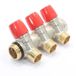Коллектор General Fittings 6200 3/4"х1/2", 3вых., c клапанами, латунь никелир., красный