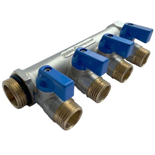 Коллектор General Fittings 6200 3/4"х1/2", 4вых., c шаровыми кранами, латунь никелир.