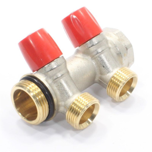 Коллектор General Fittings 6300 1"х3/4", 2вых., c клапанами, латунь никелир., красный