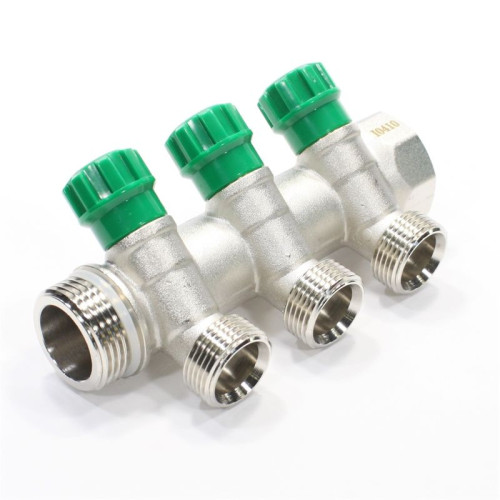 Коллектор TIM 1"х3/4", 3вых., c вентилями, латунь никелир.