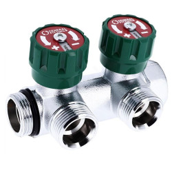 Коллектор General Fittings FLEXUS 90 1"х3/4", 2вых., c клапанами, латунь хромированная, зеленый