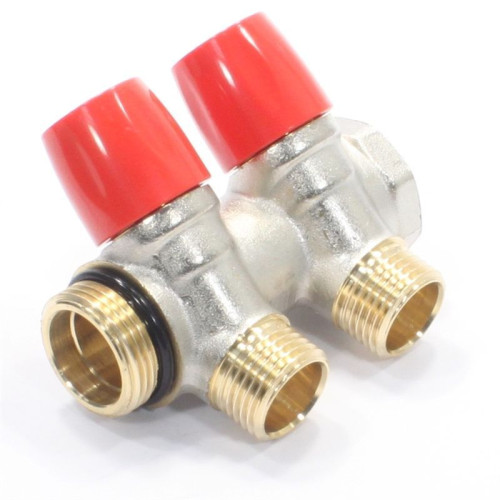 Коллектор General Fittings 6200 3/4"х1/2", 2вых., c клапанами, латунь никелир., красный