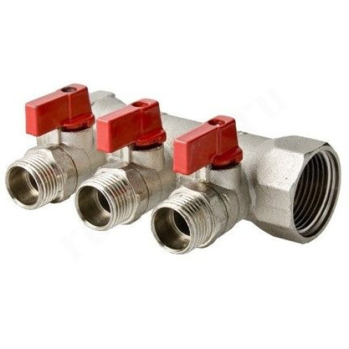 Коллектор Henco VB06 1"х3/4", 3вых., c шаровыми кранами, латунь