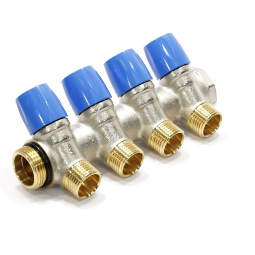 Коллектор General Fittings 6200 3/4"х1/2", 4вых., c клапанами, латунь никелир., синий