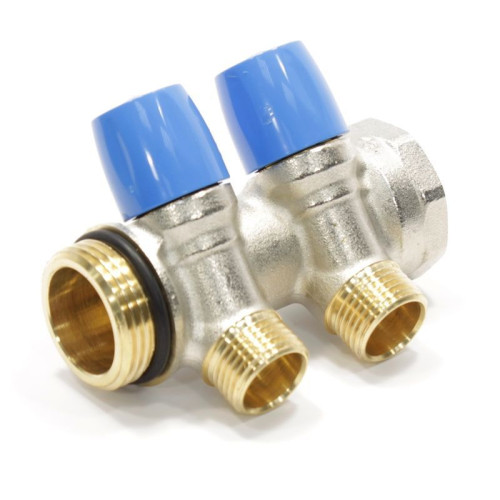 Коллектор General Fittings 6200 1"х1/2", 2вых., c клапанами, латунь никелир., синий