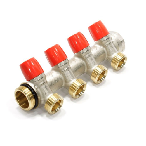 Коллектор General Fittings 6300 1"х3/4", 4вых., c клапанами, латунь никелир., красный