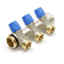 Коллектор General Fittings 6300 1"х3/4", 3вых., c клапанами, латунь никелир., синий