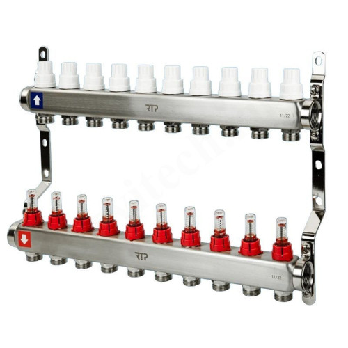 Коллектор RTP 1"х3/4", 10вых., c клапанами, с расходомерами, сталь нерж., белый