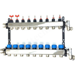 Коллектор Henco UFH-MDSS 1"х3/4", 9вых., c клапанами, с расходомерами, сталь нерж., (компл), в сборе