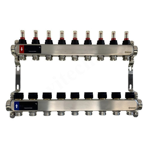 Коллектор WAAG 1"х3/4", 9вых., c клапанами, с расходомерами, сталь нерж.