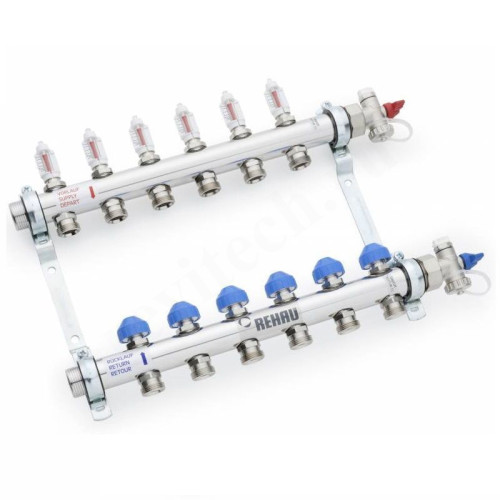 Коллектор Rehau HKV-D 1"х3/4", 12вых., c клапанами, с расходомерами, сталь нерж., (компл), в сборе