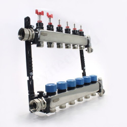 Коллектор Henco UFH-MDSS 1"х3/4", 6вых., c клапанами, с расходомерами, сталь нерж., (компл), в сборе