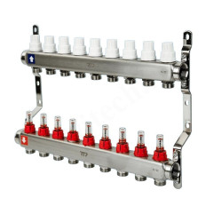 Коллектор RTP 1"х3/4", 9вых., c клапанами, с расходомерами, сталь нерж., белый, в сборе