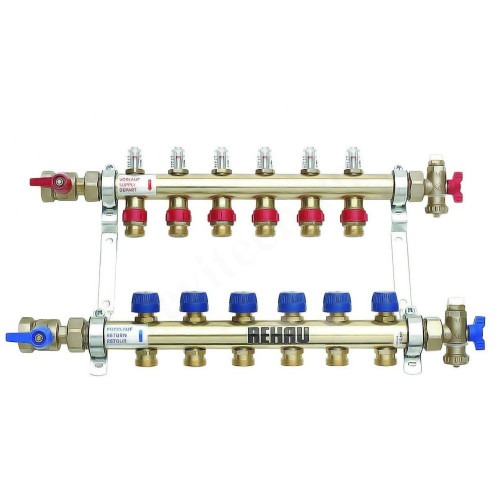 Коллектор Rehau HKV-D 1"х3/4", 6вых., c клапанами, с расходомерами, сталь нерж., (компл), в сборе