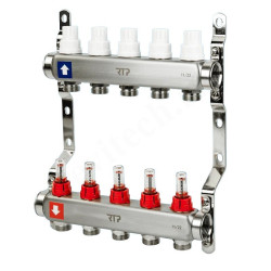 Коллектор RTP 1"х3/4", 5вых., c клапанами, с расходомерами, сталь нерж., белый