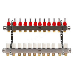 Коллектор RTP 1"х3/4", 12вых., c клапанами, с расходомерами, сталь нерж., белый