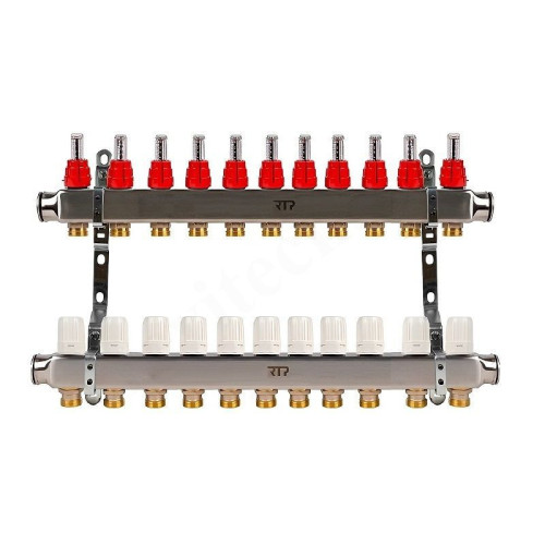 Коллектор RTP 1"х3/4", 11вых., c клапанами, с расходомерами, сталь нерж., белый