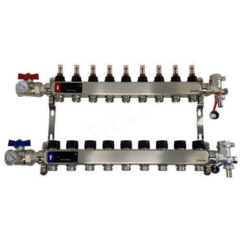 Коллектор WAAG 1"х3/4", 9вых., c клапанами, с расходомерами, сталь нерж., в сборе