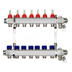Коллектор Ридан SSM-RF 7 1"х3/4", 7вых., c клапанами, с расходомерами, сталь нерж., синий, в сборе