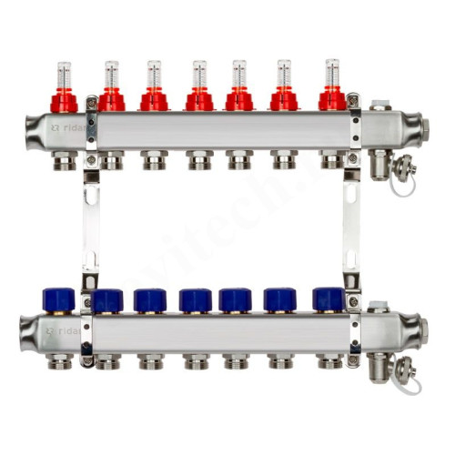 Коллектор Ридан SSM-RF 7 1"х3/4", 7вых., c клапанами, с расходомерами, сталь нерж., синий, в сборе