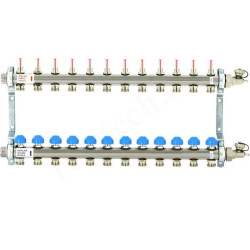 Коллектор Uni-fitt 1"х3/4", 12вых., c клапанами, с расходомерами, сталь нерж., в сборе