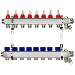Коллектор Ридан SSM-RF 8 1"х3/4", 8вых., c клапанами, с расходомерами, сталь нерж., синий, в сборе