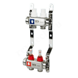 Коллектор RTP 1"х3/4", 2вых., c клапанами, с расходомерами, сталь нерж., белый