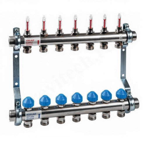 Коллектор Watts HKV 2013A-VA 1"х3/4", 7вых., c клапанами, с расходомерами, сталь нерж., (компл)