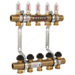 Коллектор Henco UFH 060505-MD 1"х3/4", 5вых., c клапанами, с расходомерами, латунь, (компл)