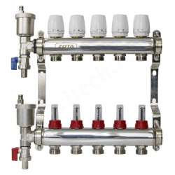 Коллектор Zota 1"х3/4", 5вых., c клапанами, с расходомерами, сталь нерж., в сборе