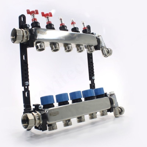 Коллектор Henco UFH-MDSS 1"х3/4", 5вых., c клапанами, с расходомерами, сталь нерж., (компл), в сборе