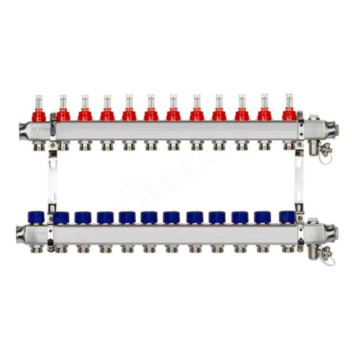 Коллектор Ридан SSM-RF 12 1"х3/4", 12вых., c клапанами, с расходомерами, сталь нерж., синий, в сборе