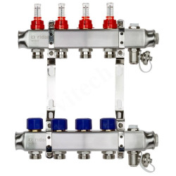 Коллектор Ридан SSM-RF 4 1"х3/4", 4вых., c клапанами, с расходомерами, сталь нерж., синий, в сборе