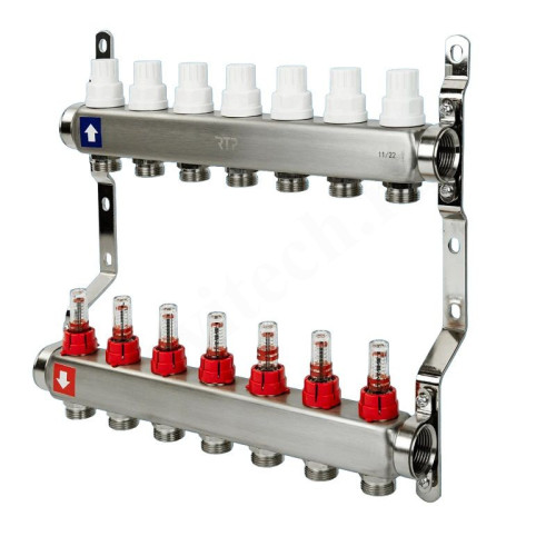 Коллектор RTP 1"х3/4", 7вых., c клапанами, с расходомерами, сталь нерж., белый