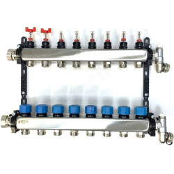 Коллектор Henco UFH-MDSS 1"х3/4", 8вых., c клапанами, с расходомерами, сталь нерж., (компл), в сборе